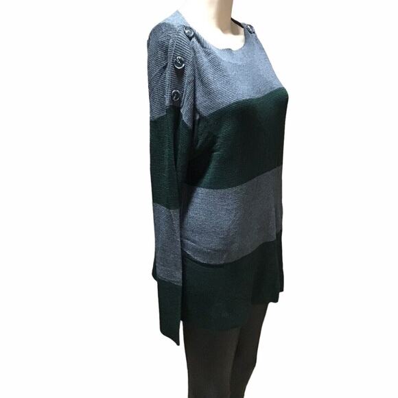 Vince Camuto Women’s 1X Colorblock Sweater Gray Green Button Shoulder NWOT - Picture 1 of 9